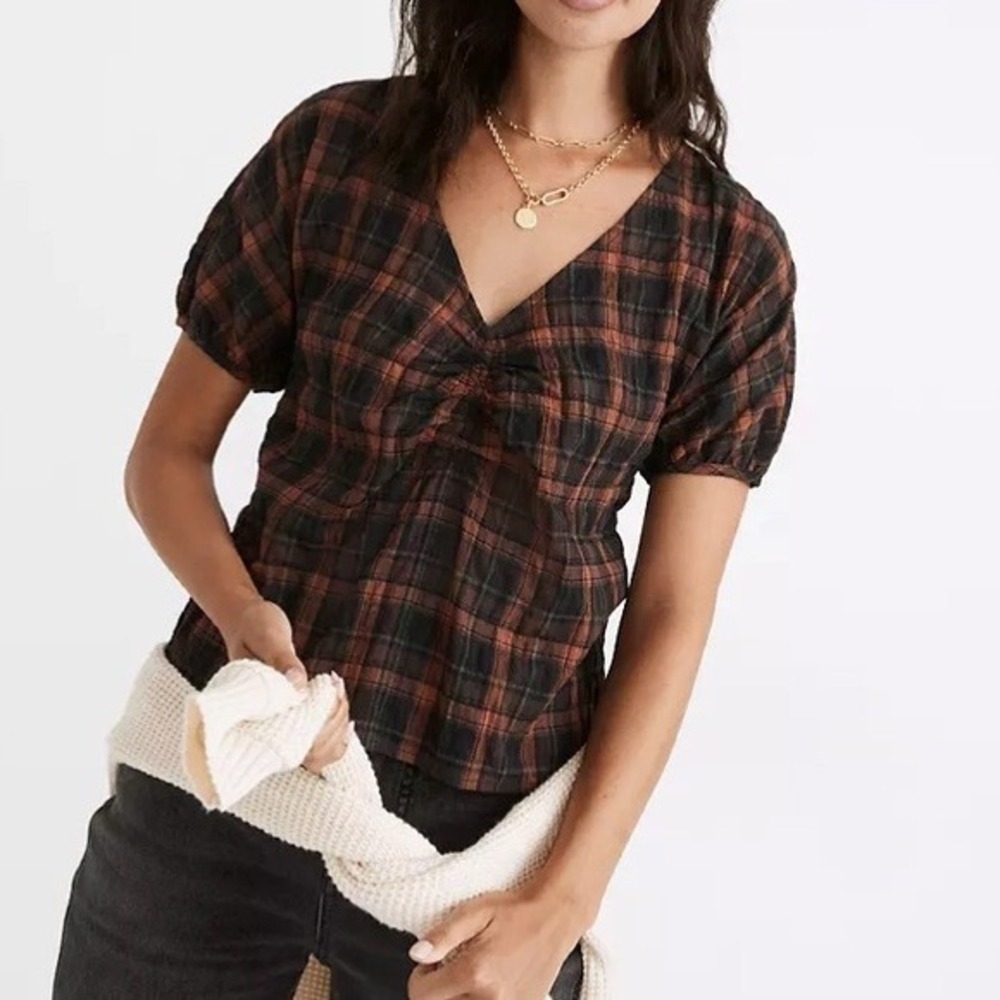 Madewell Gathered V Neck Top Fuller Plaid Warm Umber Puff Sleeve Blouse Small